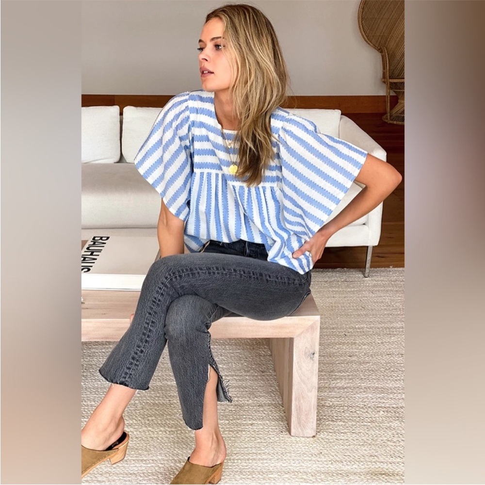 Emerson Fry Blouse Basalie Short Sleeve in Blue Striped - Picture 2 of 8